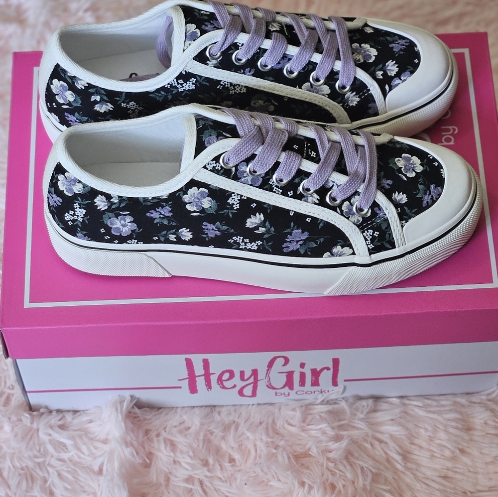 Corkys Black Floral Sneakers with Lavender Laces - Picture 2 of 8